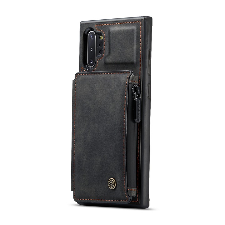 Калъф за Samsung Galaxy Note 10 Plus, кожа с кадифена текстура, back cover, отделение за карти, джоб с цип, RFID защита, Черно