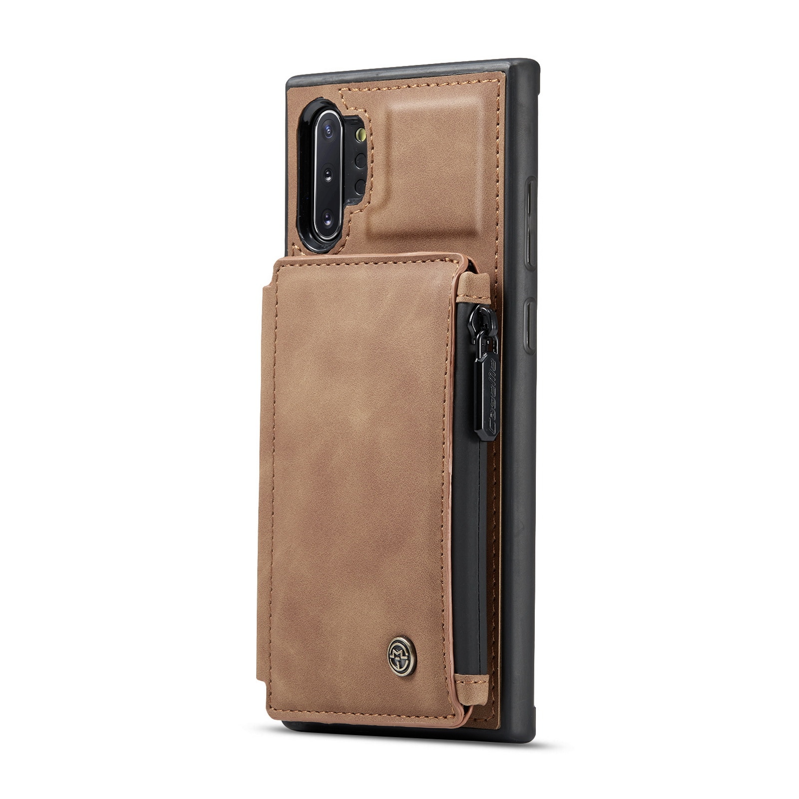 Husa pentru Samsung Galaxy Note 10 Plus, CaseMe, piele cu textura catifelata, back cover, slot carduri, buzunar cu fermoar, protectie RFID, Maro