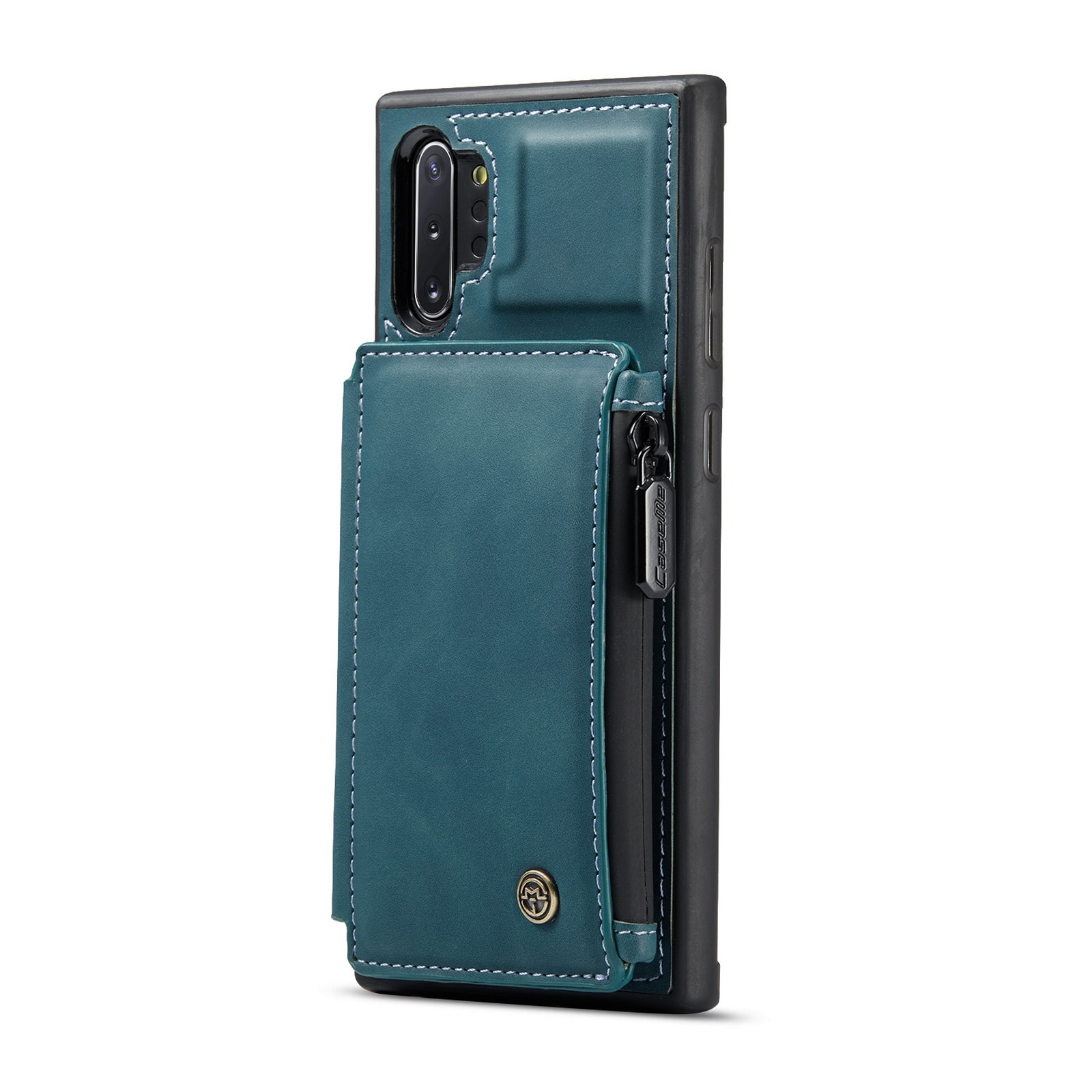 Husa pentru Samsung Galaxy Note 10 Plus, CaseMe, piele cu textura catifelata, back cover, slot carduri, buzunar cu fermoar, protectie RFID, Albastru verzui