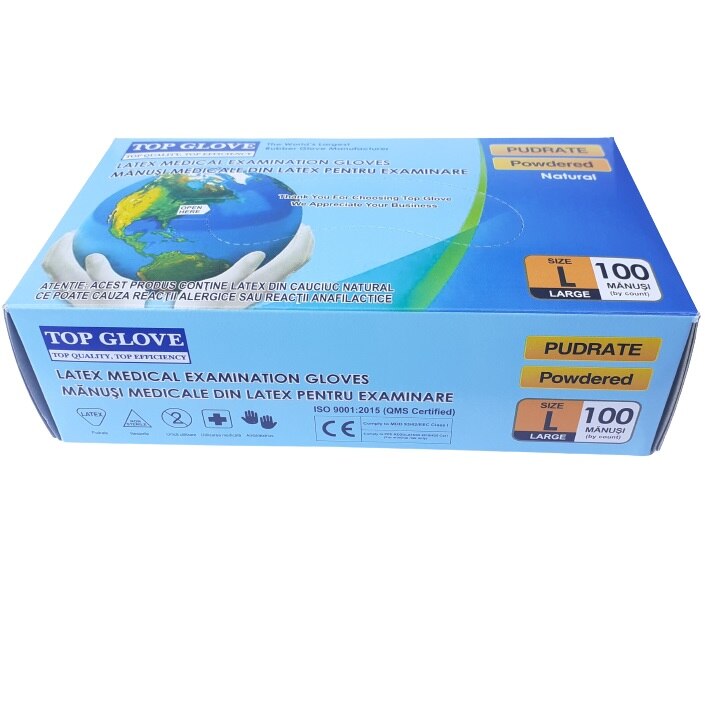 Manusi de unica folosinta din latex, pudrate, Top Glove, 100 bucati, marimea L, albe