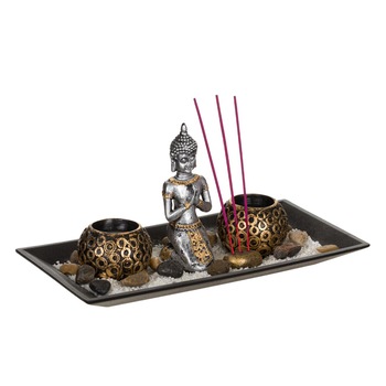 Suport lumanari, Gelexis, Buddha, din lemn, cu betisoare parfumate, 29x15 cm Suport lumanari, Gelexis, Buddha, din lemn, cu betisoare parfumate, 29x15 cm