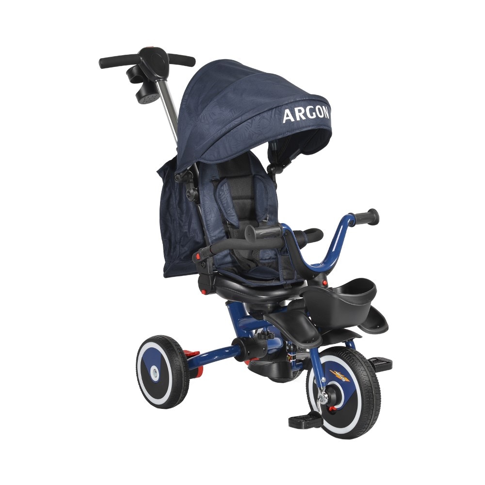 Tricicleta pliabila cu copertina NOVOKIDS™ Argon Trike , Pedale si maner pentru parinti, Scaun reversibil cu rotire 360 grade , Functie Free Wheel, Cadru metalic, Geanta inclusa, Albastru Bleumarin