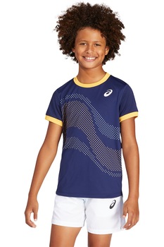 Asics, Tricou cu detalii contrastante pentru tenis, Albastru inchis, 128 CM Asics, Tricou cu detalii contrastante pentru tenis, Albastru inchis, 128 CM
