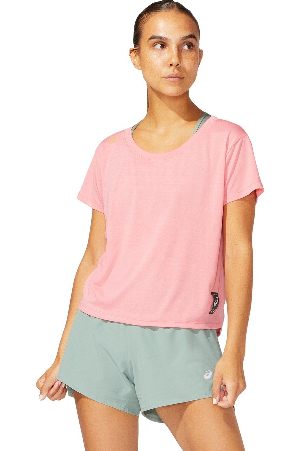 Asics, Tricou crop cu insertii de plasa pentru alergare Sakura, Roz pastel