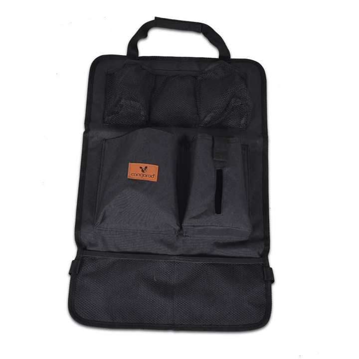 Protectie spatar si organizator auto pentru copii Cangaroo Black, Model universal, Protejeaza scaunul din fata de murdarie, Buzunare multiple, Compartiment pentru seervetele umede si Sticla, Dimensiune 59x39 cm