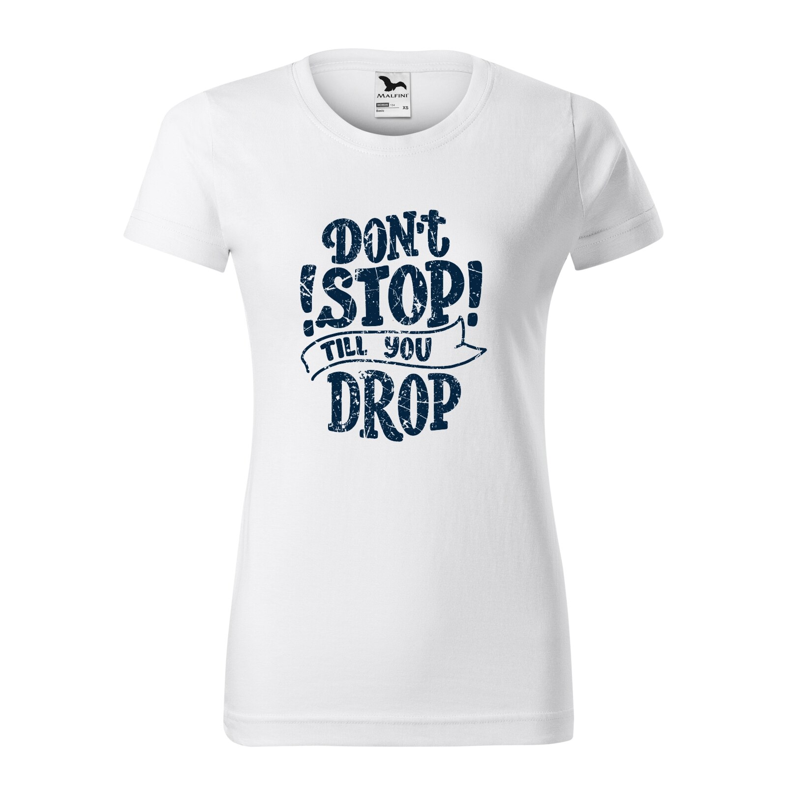 Tricou clasic, la baza gatului, alb, pentru dama, idee de cadou pentru pasionatii de fitness/sala de forta, Dont Stop Till You Drop, marime XL