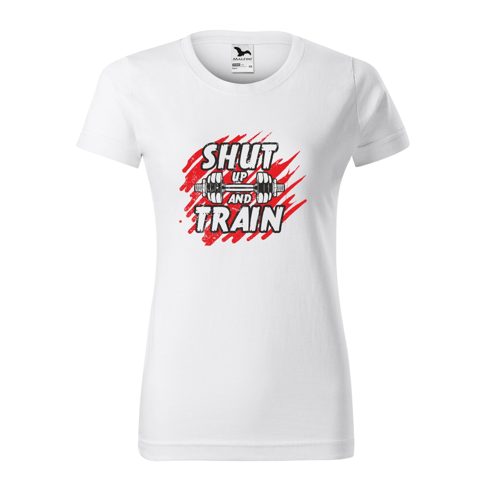 Tricou clasic, la baza gatului, alb, pentru dama, idee de cadou pentru pasionatii de fitness/sala de forta, Shut Up and Train, marime M