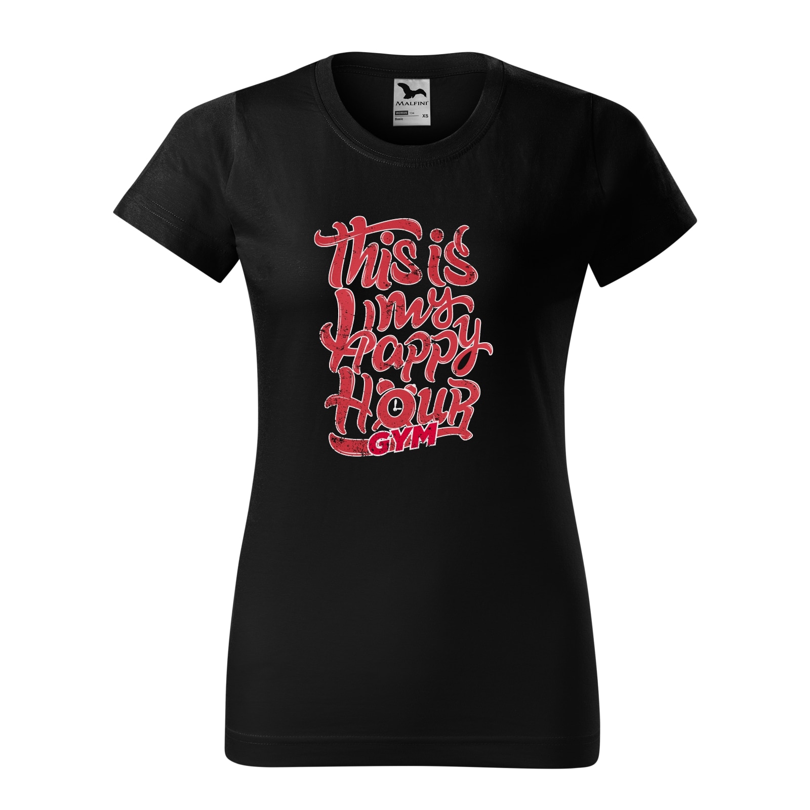 Tricou clasic, la baza gatului, negru, pentru dama, idee de cadou pentru pasionatii de fitness/sala de forta, GYM This My Happy Hour, marime 2XL