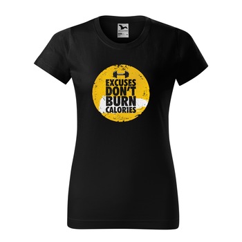 Tricou clasic, la baza gatului, negru, pentru dama, idee de cadou pentru pasionatii de fitness/sala de forta, Excuses Dont Burn Calories Point, marime S Tricou clasic, la baza gatului, negru, pentru dama, idee de cadou pentru pasionatii de fitness/sala de forta, Excuses Dont Burn Calories Point, marime S