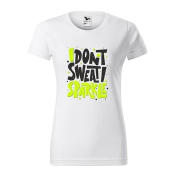 Tricou clasic, la baza gatului, alb, pentru dama, idee de cadou pentru pasionatii de fitness/sala de forta, I Dont Sweat i Sparkle, marime XL Tricou clasic, la baza gatului, alb, pentru dama, idee de cadou pentru pasionatii de fitness/sala de forta, I Dont Sweat i Sparkle, marime XL