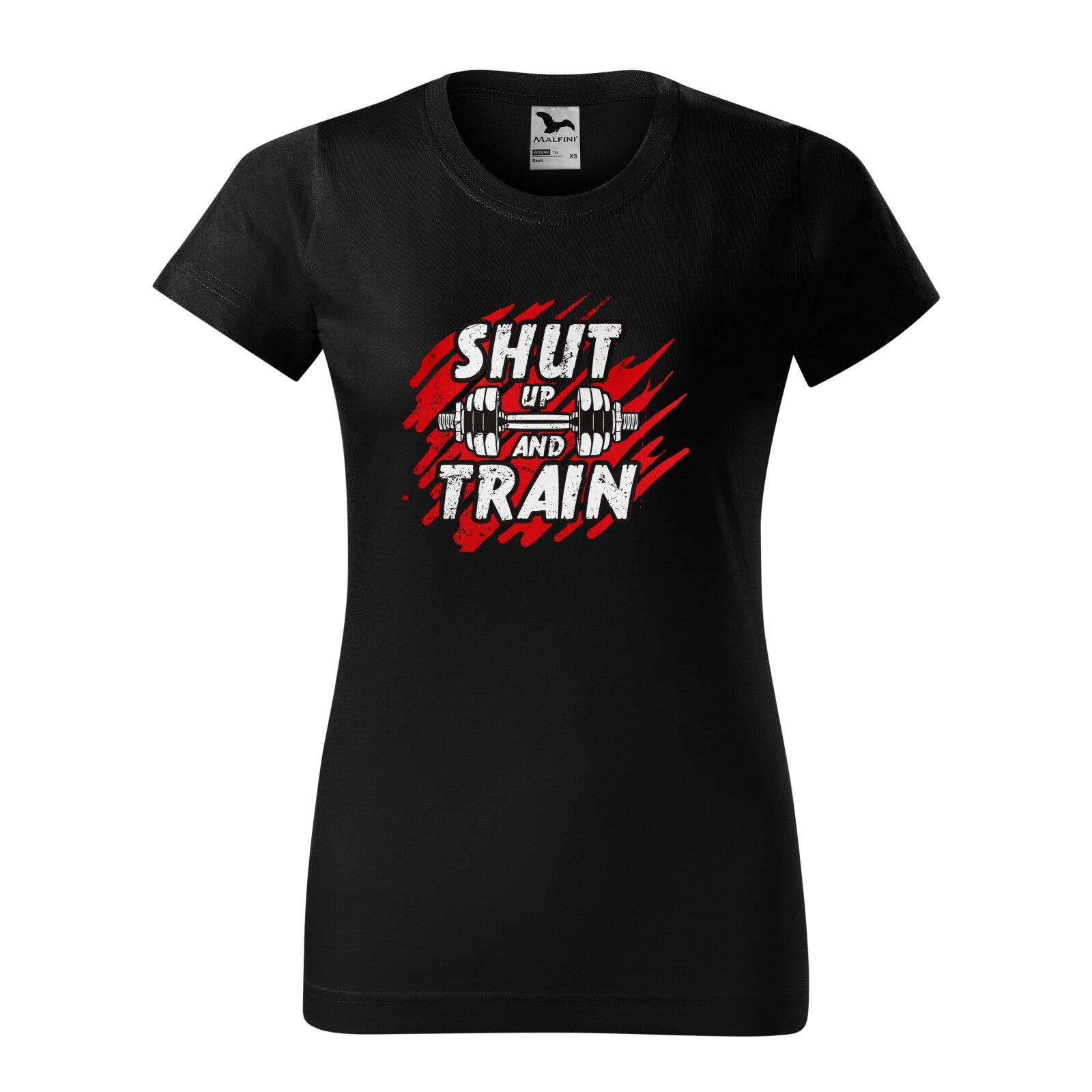 Tricou clasic, la baza gatului, negru, pentru dama, idee de cadou pentru pasionatii de fitness/sala de forta, Shut Up and Train, marime 2XL