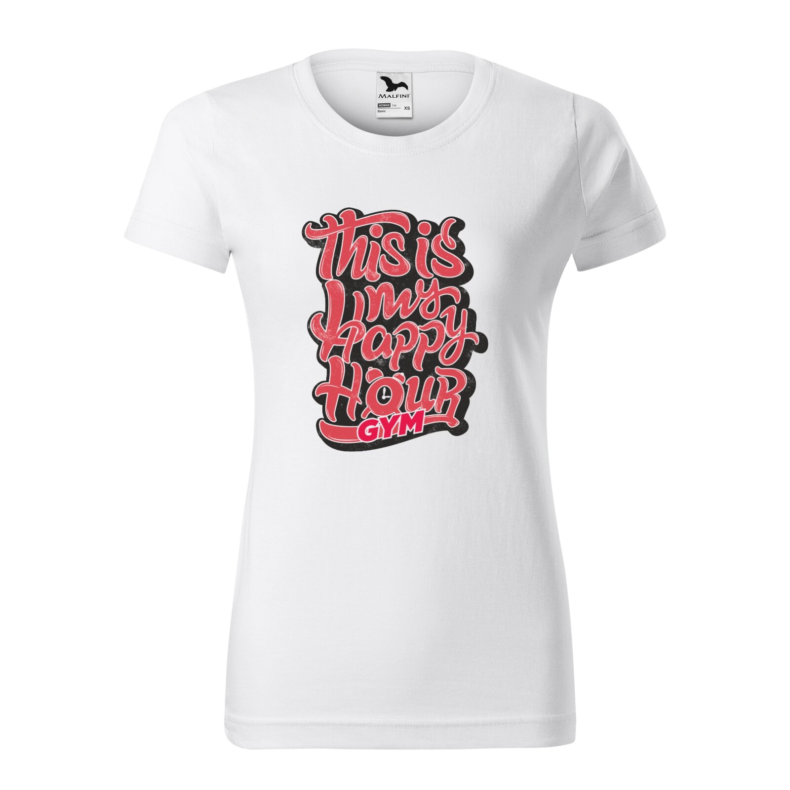 Tricou clasic, la baza gatului, alb, pentru dama, idee de cadou pentru pasionatii de fitness/sala de forta, GYM This My Happy Hour, marime S