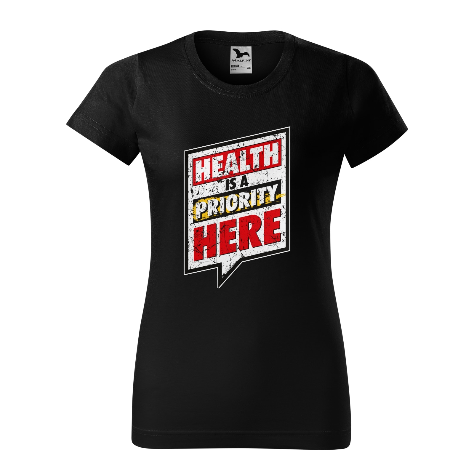 Tricou clasic, la baza gatului, negru, pentru dama, idee de cadou pentru pasionatii de fitness/sala de forta, Health is a Priority Here, marime L