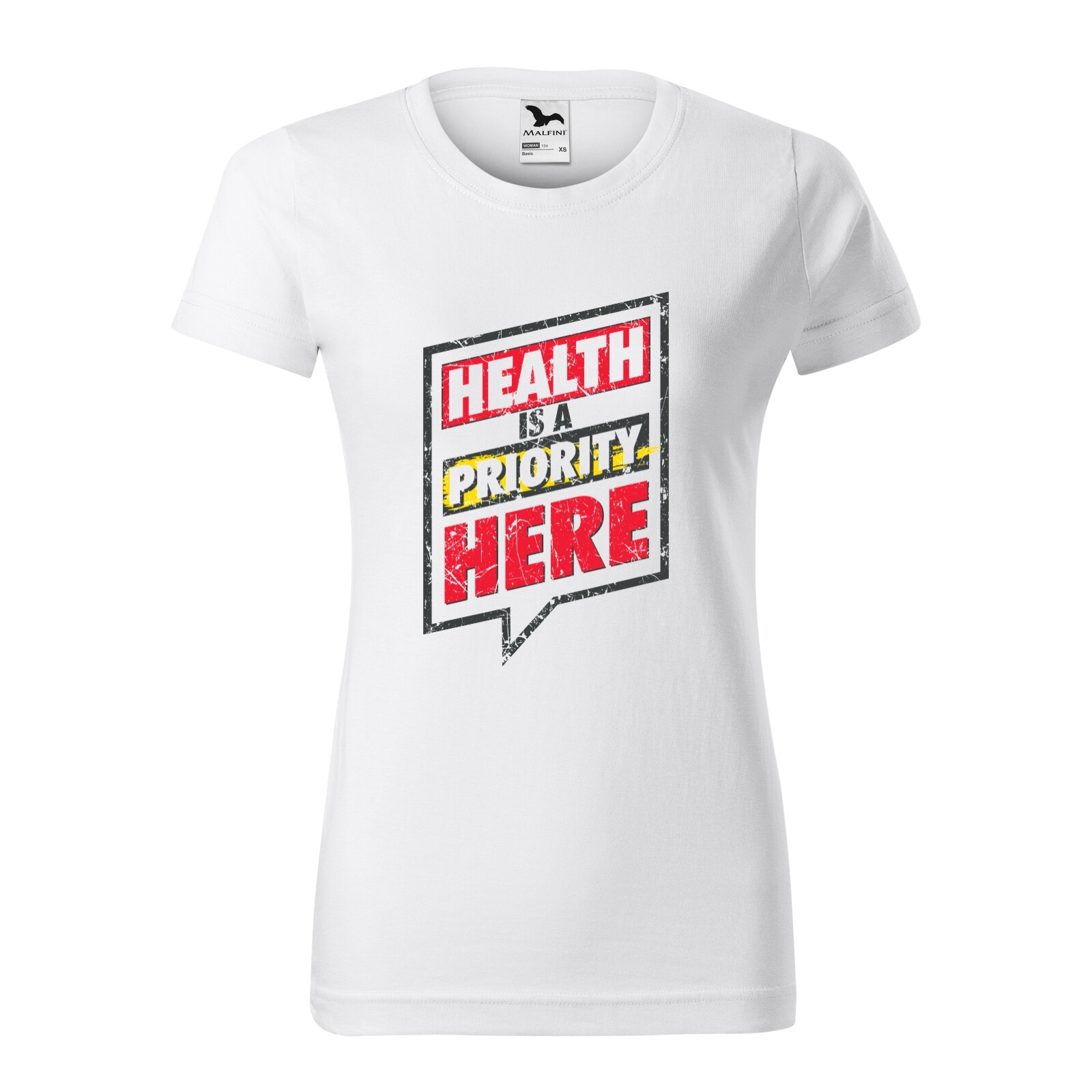 Tricou clasic, la baza gatului, alb, pentru dama, idee de cadou pentru pasionatii de fitness/sala de forta, Health is a Priority Here, marime L