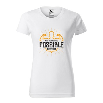 Tricou clasic, la baza gatului, alb, pentru dama, idee de cadou pentru pasionatii de fitness/sala de forta, Make the Impossible Possible Crossfit, marime XS Tricou clasic, la baza gatului, alb, pentru dama, idee de cadou pentru pasionatii de fitness/sala de forta, Make the Impossible Possible Crossfit, marime XS