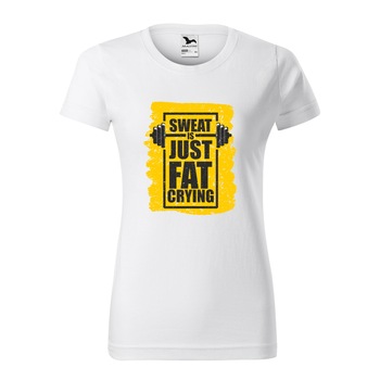 Tricou clasic, la baza gatului, alb, pentru dama, idee de cadou pentru pasionatii de fitness/sala de forta, Sweat is Just Your Fat Crying, marime L Tricou clasic, la baza gatului, alb, pentru dama, idee de cadou pentru pasionatii de fitness/sala de forta, Sweat is Just Your Fat Crying, marime L