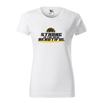 Tricou clasic, la baza gatului, alb, pentru dama, idee de cadou pentru pasionatii de fitness/sala de forta, Strong is the New Beautiful, marime XL