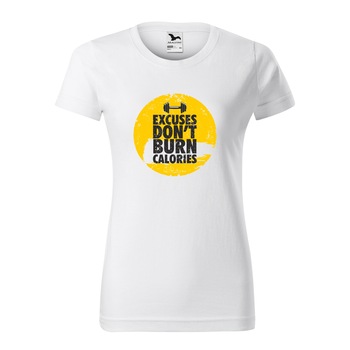 Tricou clasic, la baza gatului, alb, pentru dama, idee de cadou pentru pasionatii de fitness/sala de forta, Excuses Dont Burn Calories Point, marime XS Tricou clasic, la baza gatului, alb, pentru dama, idee de cadou pentru pasionatii de fitness/sala de forta, Excuses Dont Burn Calories Point, marime XS