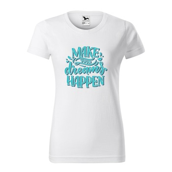 Tricou clasic, la baza gatului, alb, pentru dama, idee de cadou pentru pasionatii de fitness/sala de forta, Make Your Dreams Happen, marime S Tricou clasic, la baza gatului, alb, pentru dama, idee de cadou pentru pasionatii de fitness/sala de forta, Make Your Dreams Happen, marime S