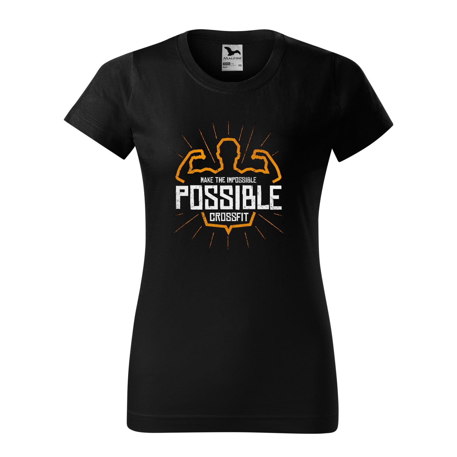 Tricou clasic, la baza gatului, negru, pentru dama, idee de cadou pentru pasionatii de fitness/sala de forta, Make the Impossible Possible Crossfit, marime S