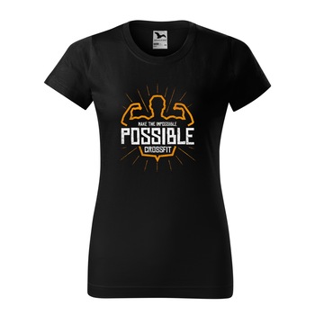 Tricou clasic, la baza gatului, negru, pentru dama, idee de cadou pentru pasionatii de fitness/sala de forta, Make the Impossible Possible Crossfit, marime S Tricou clasic, la baza gatului, negru, pentru dama, idee de cadou pentru pasionatii de fitness/sala de forta, Make the Impossible Possible Crossfit, marime S