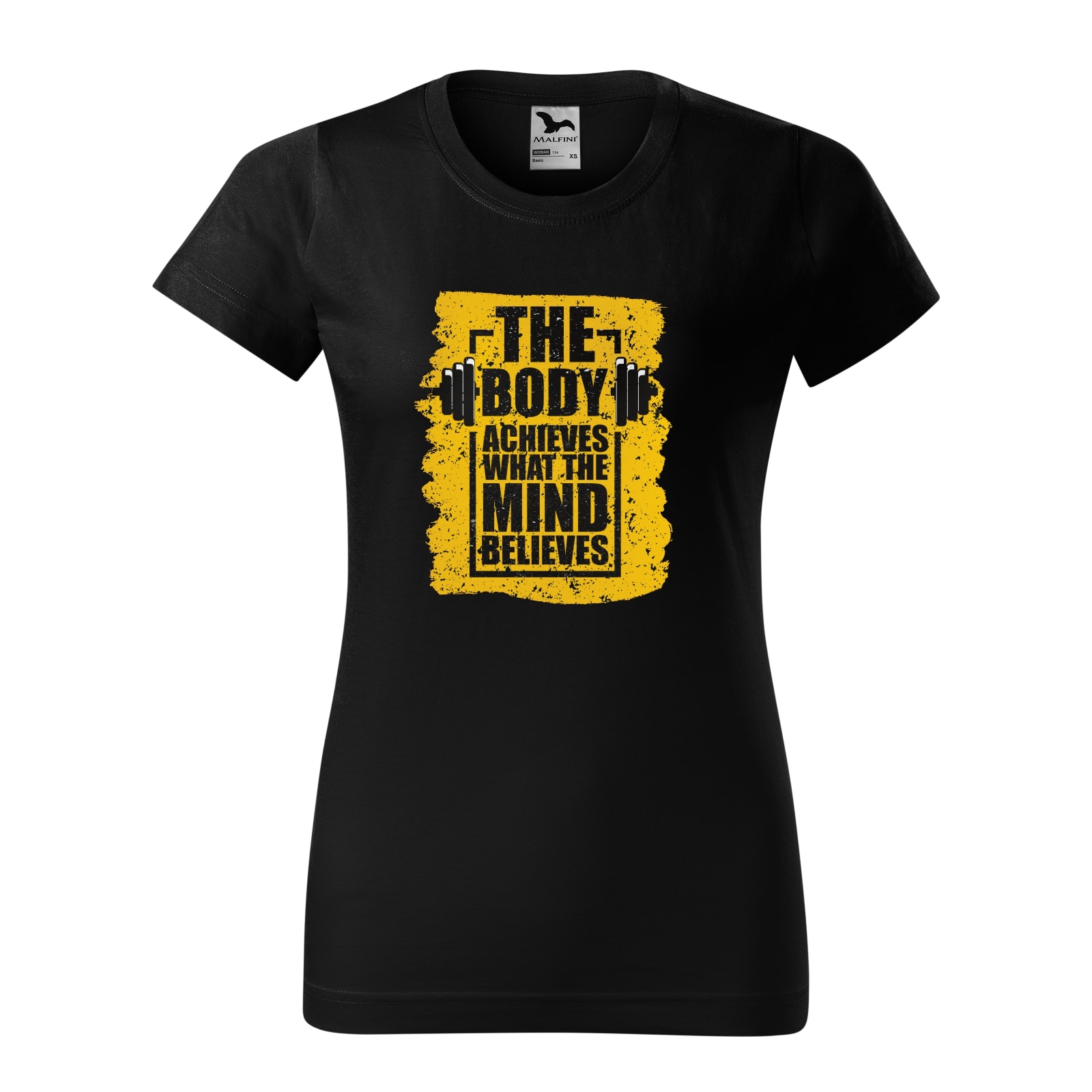 Tricou clasic, la baza gatului, negru, pentru dama, idee de cadou pentru pasionatii de fitness/sala de forta, The Body Achieves What The Mind Believes, marime S