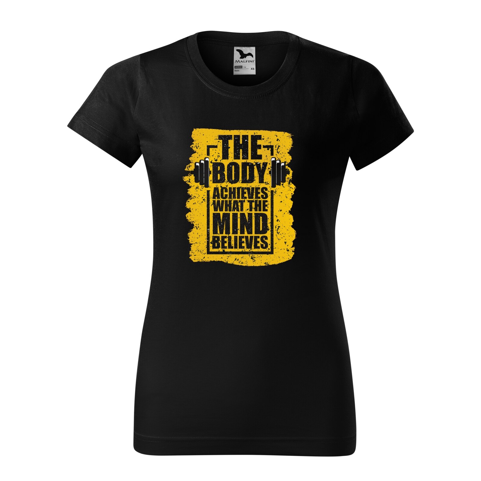 Tricou clasic, la baza gatului, negru, pentru dama, idee de cadou pentru pasionatii de fitness/sala de forta, The Body Achieves What The Mind Believes, marime 2XL