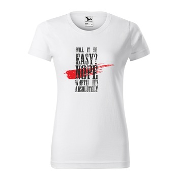 Tricou clasic, la baza gatului, alb, pentru dama, idee de cadou pentru pasionatii de fitness/sala de forta, Will It Be Easy No But It Worth It, marime S Tricou clasic, la baza gatului, alb, pentru dama, idee de cadou pentru pasionatii de fitness/sala de forta, Will It Be Easy No But It Worth It, marime S