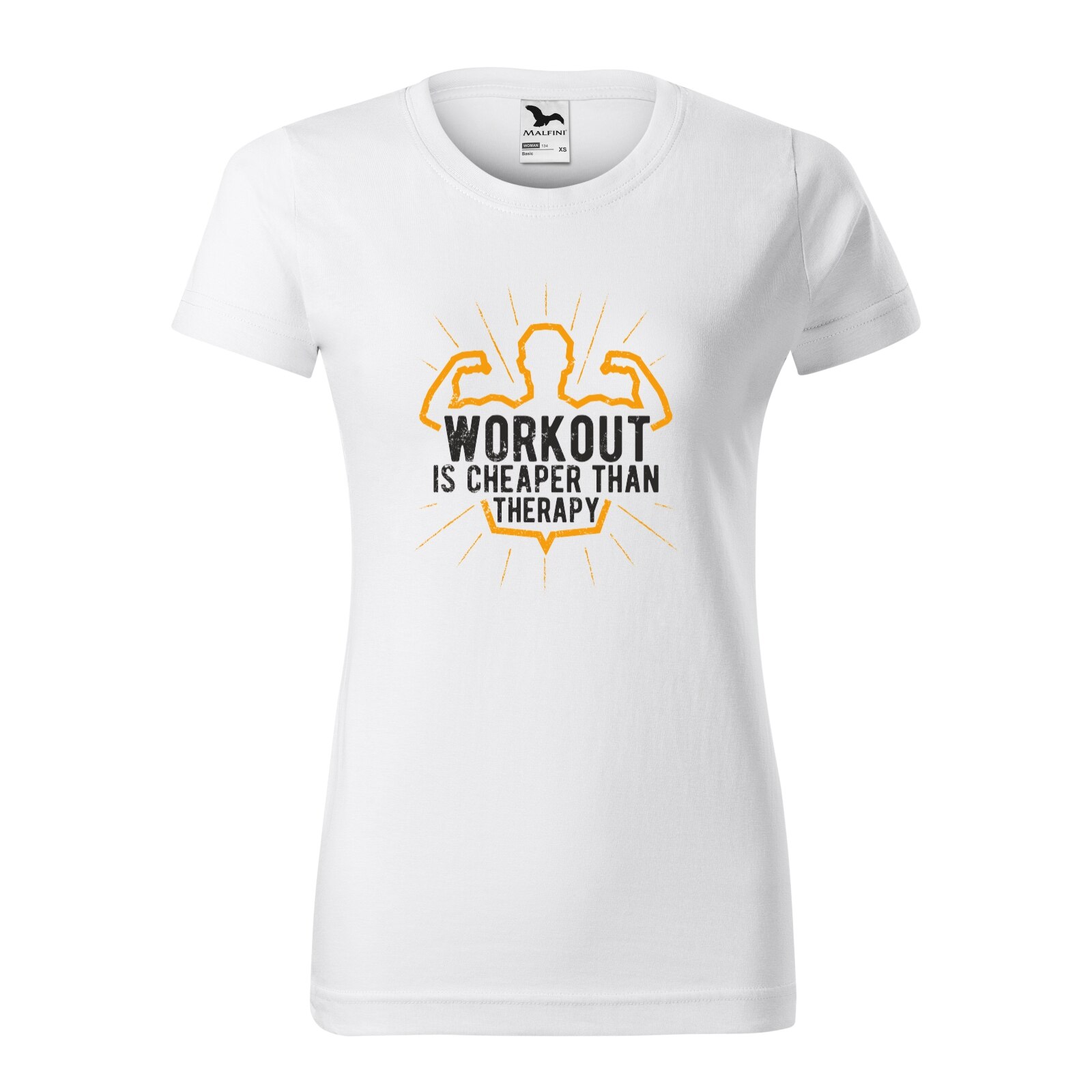 Tricou clasic, la baza gatului, alb, pentru dama, idee de cadou pentru pasionatii de fitness/sala de forta, Workout is Cheaper than Therapy, marime L