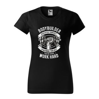 Tricou clasic, la baza gatului, negru, pentru dama, idee de cadou pentru pasionatii de fitness/sala de forta, Body Builer Dedicated Yourself, marime S Tricou clasic, la baza gatului, negru, pentru dama, idee de cadou pentru pasionatii de fitness/sala de forta, Body Builer Dedicated Yourself, marime S