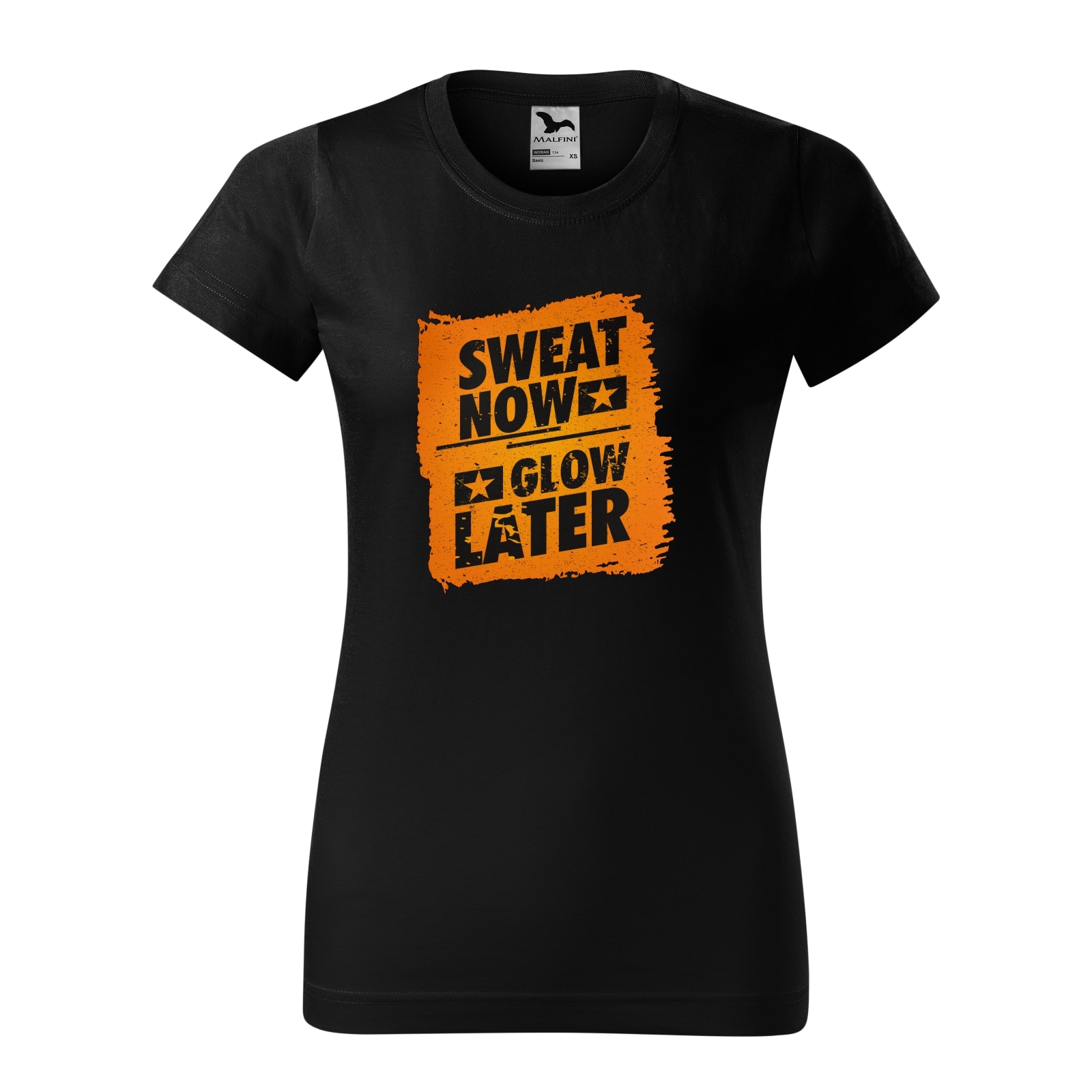 Tricou clasic, la baza gatului, negru, pentru dama, idee de cadou pentru pasionatii de fitness/sala de forta, Sweat Now Glow Later, marime XS