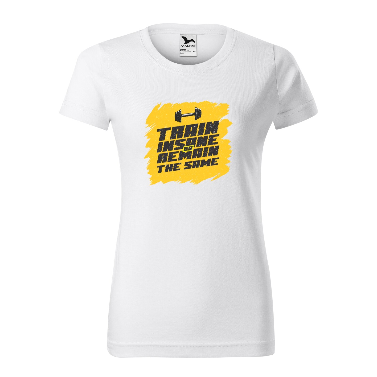 Tricou clasic, la baza gatului, alb, pentru dama, idee de cadou pentru pasionatii de fitness/sala de forta, Train Insane or Remain the Same, marime L