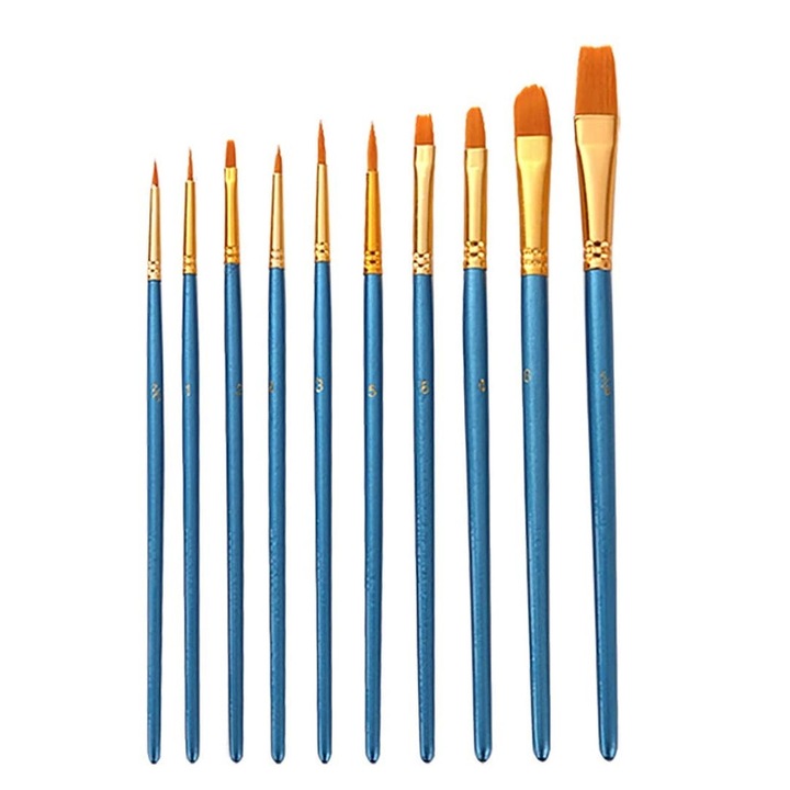 Set 10 pensule fine pentru acrilice, culori de apa sau uleiuri, dimensiuni si forme diferite