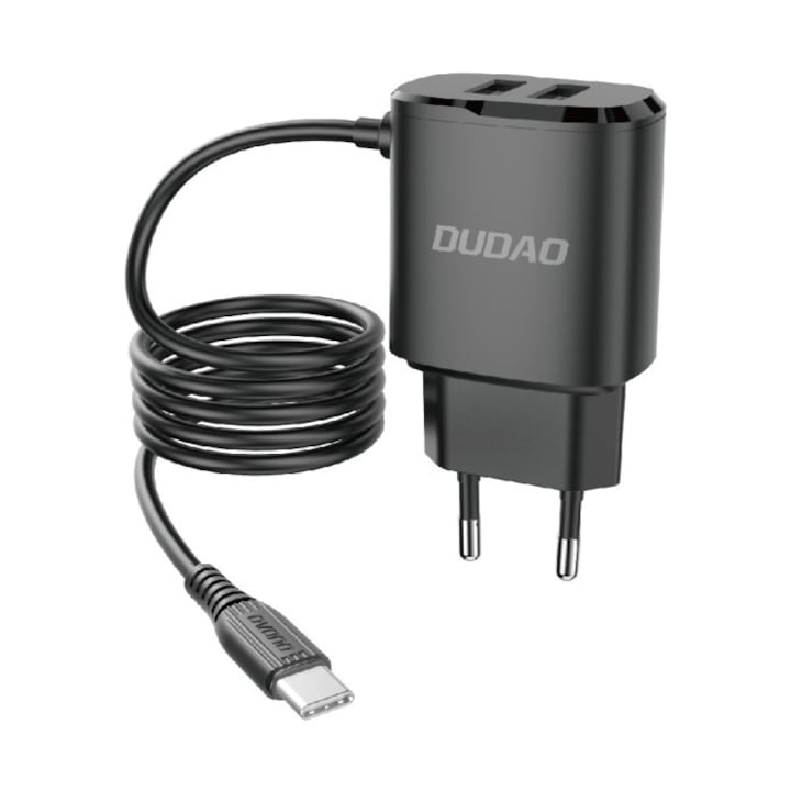 Dudao fali töltő, C típusú USB kábel, 2 x USB, 5V 2.4A, fekete