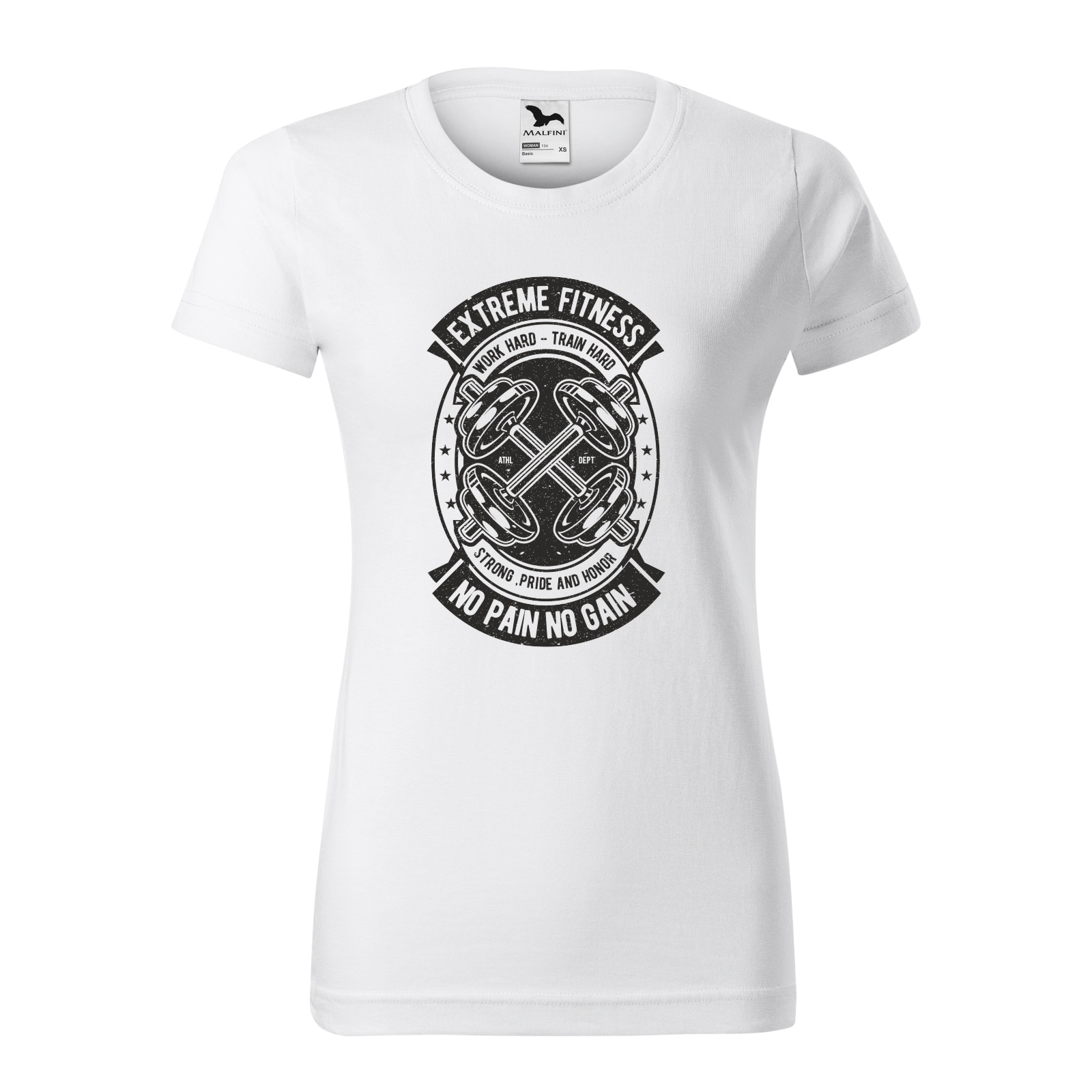 Tricou clasic, la baza gatului, alb, pentru dama, idee de cadou pentru pasionatii de fitness/sala de forta, Extreme Fitness No Pain No Gain Work Hard Train Hard, marime M