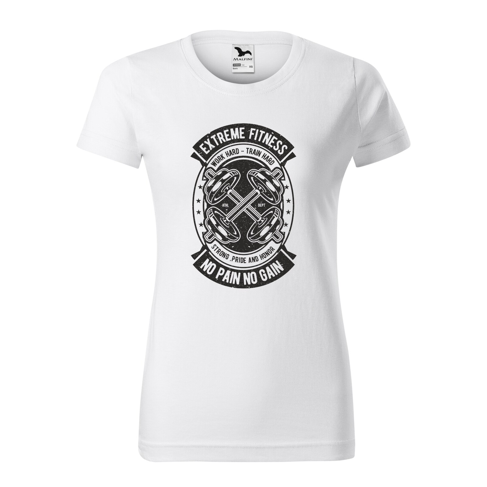 Tricou clasic, la baza gatului, alb, pentru dama, idee de cadou pentru pasionatii de fitness/sala de forta, Extreme Fitness No Pain No Gain Work Hard Train Hard, marime S