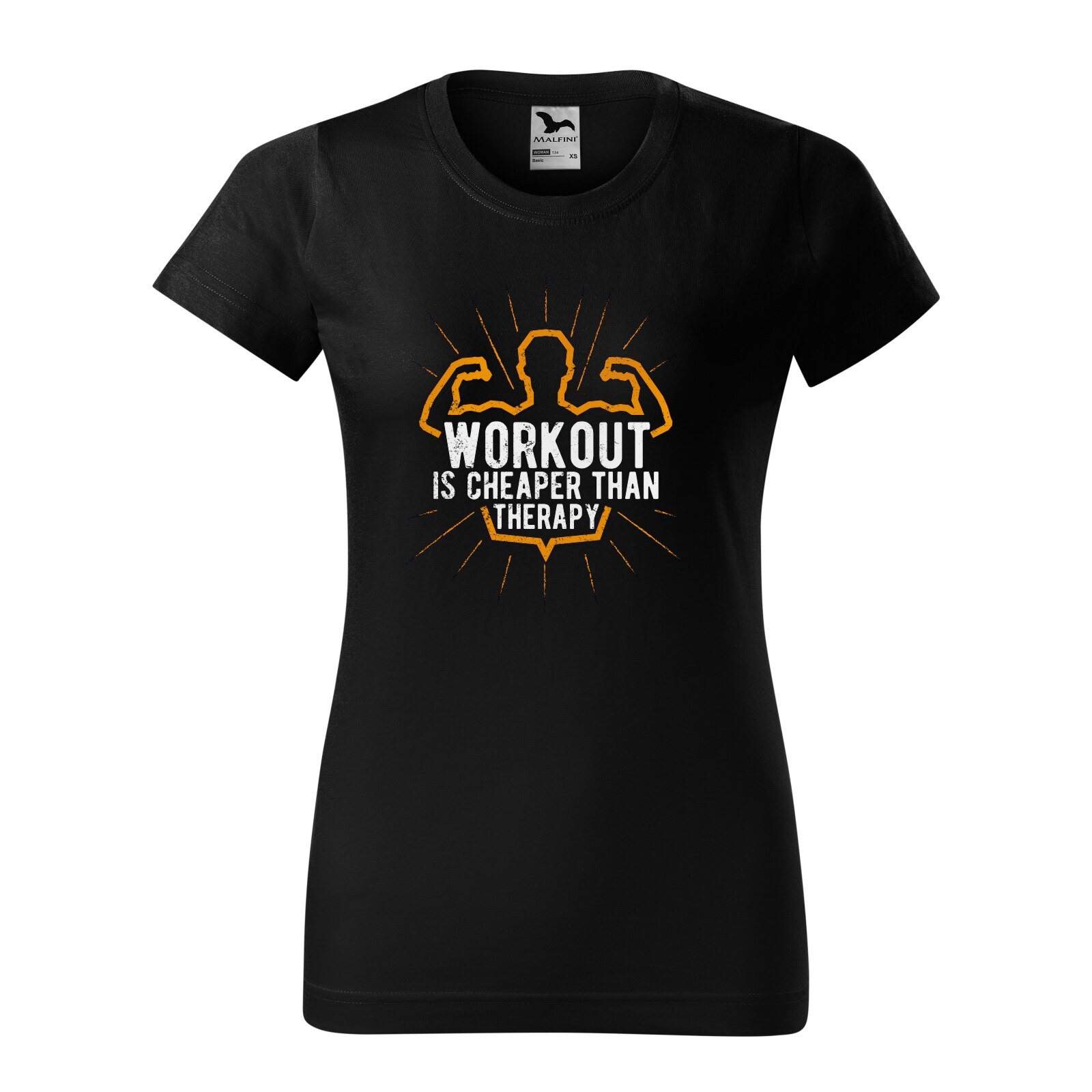 Tricou clasic, la baza gatului, negru, pentru dama, idee de cadou pentru pasionatii de fitness/sala de forta, Workout is Cheaper than Therapy, marime L