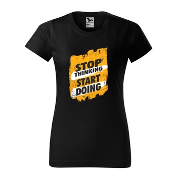 Tricou clasic, la baza gatului, negru, pentru dama, idee de cadou pentru pasionatii de fitness/sala de forta, Stop Thinking Start Doing, marime XL Tricou clasic, la baza gatului, negru, pentru dama, idee de cadou pentru pasionatii de fitness/sala de forta, Stop Thinking Start Doing, marime XL