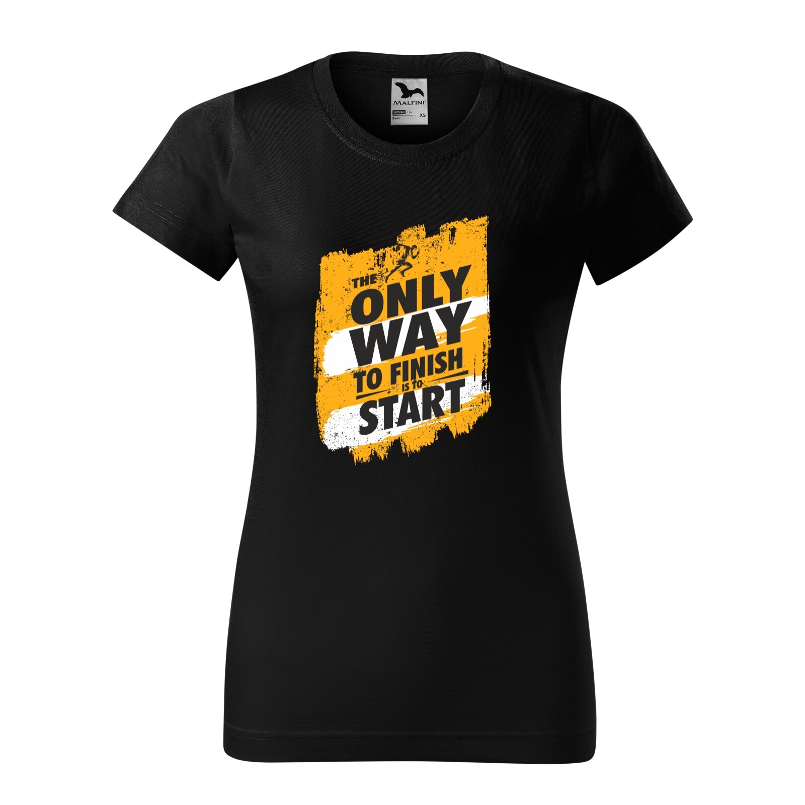 Tricou clasic, la baza gatului, negru, pentru dama, idee de cadou pentru pasionatii de fitness/sala de forta, The Only Way to Finish is to Start, marime L