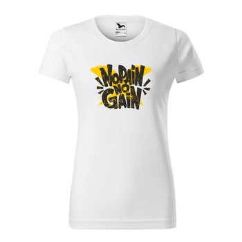 Tricou clasic, la baza gatului, alb, pentru dama, idee de cadou pentru pasionatii de fitness/sala de forta, No Pain No Gain, marime L Tricou clasic, la baza gatului, alb, pentru dama, idee de cadou pentru pasionatii de fitness/sala de forta, No Pain No Gain, marime L