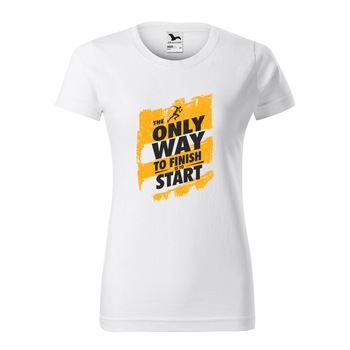 Tricou clasic, la baza gatului, alb, pentru dama, idee de cadou pentru pasionatii de fitness/sala de forta, The Only Way to Finish is to Start, marime M