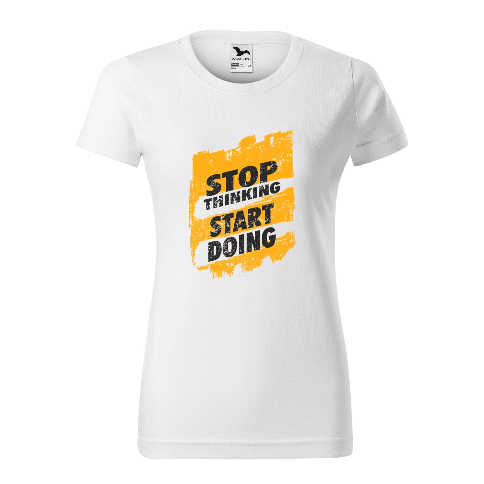 Tricou clasic, la baza gatului, alb, pentru dama, idee de cadou pentru pasionatii de fitness/sala de forta, Stop Thinking Start Doing, marime XS