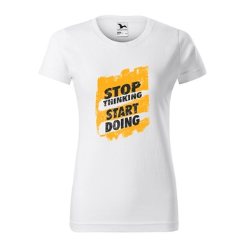 Tricou clasic, la baza gatului, alb, pentru dama, idee de cadou pentru pasionatii de fitness/sala de forta, Stop Thinking Start Doing, marime L Tricou clasic, la baza gatului, alb, pentru dama, idee de cadou pentru pasionatii de fitness/sala de forta, Stop Thinking Start Doing, marime L