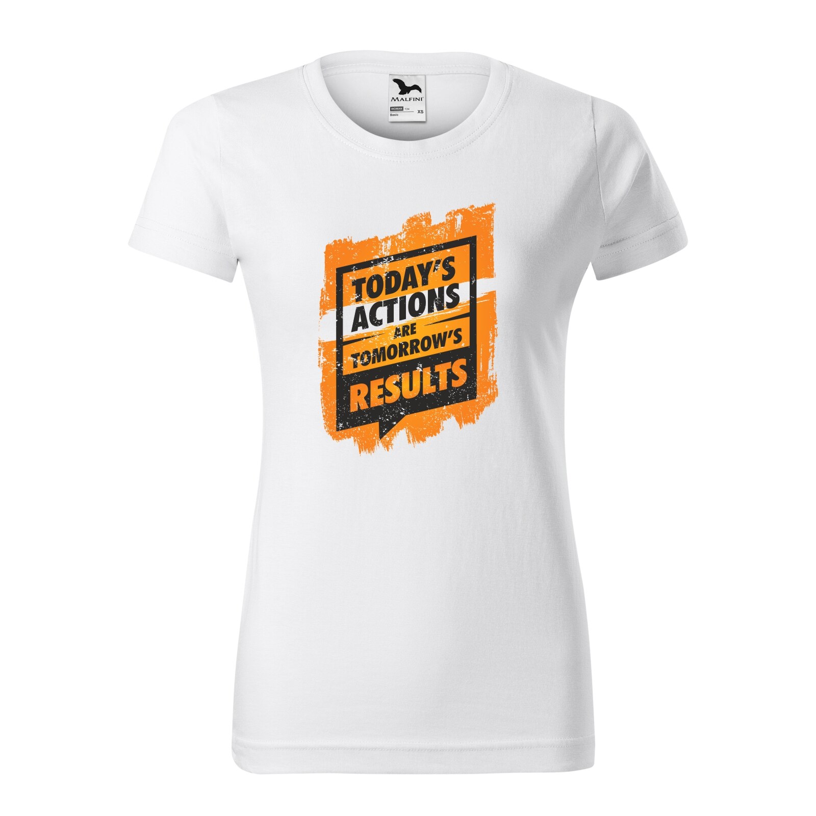 Tricou clasic, la baza gatului, alb, pentru dama, idee de cadou pentru pasionatii de fitness/sala de forta, Todays Actions are Results, marime XL