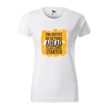 Tricou clasic, la baza gatului, alb, pentru dama, idee de cadou pentru pasionatii de fitness/sala de forta, The Secret of Getting Ahead, marime XS