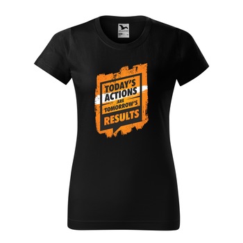 Tricou clasic, la baza gatului, negru, pentru dama, idee de cadou pentru pasionatii de fitness/sala de forta, Todays Actions are Results, marime M Tricou clasic, la baza gatului, negru, pentru dama, idee de cadou pentru pasionatii de fitness/sala de forta, Todays Actions are Results, marime M