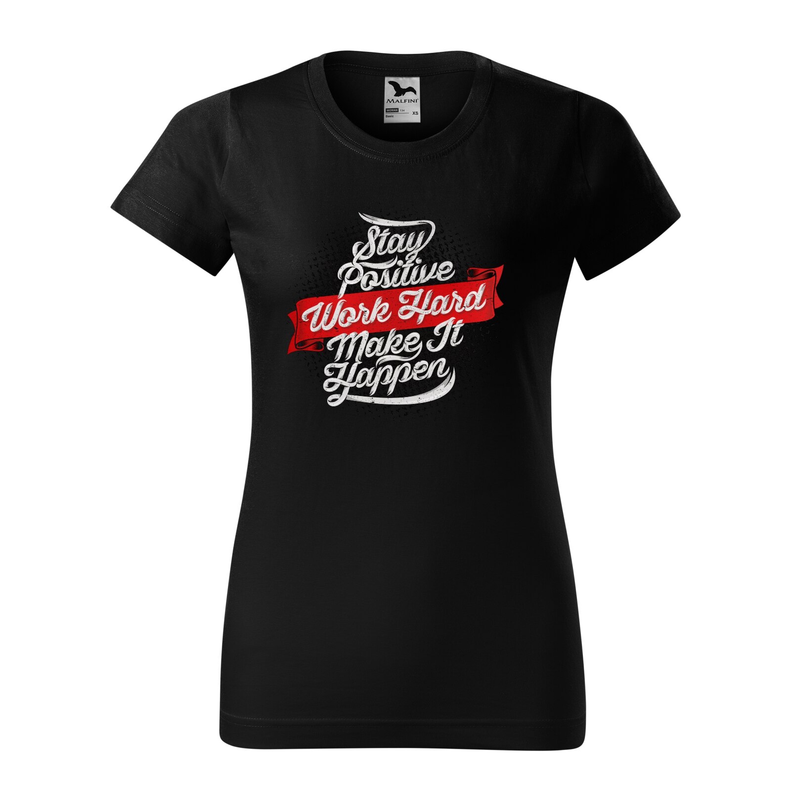 Tricou clasic, la baza gatului, negru, pentru dama, idee de cadou pentru pasionatii de fitness/sala de forta, Stay Positive Work Hard Make It Happen, marime S