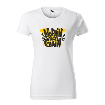 Tricou clasic, la baza gatului, alb, pentru dama, idee de cadou pentru pasionatii de fitness/sala de forta, No Pain No Gain, marime M