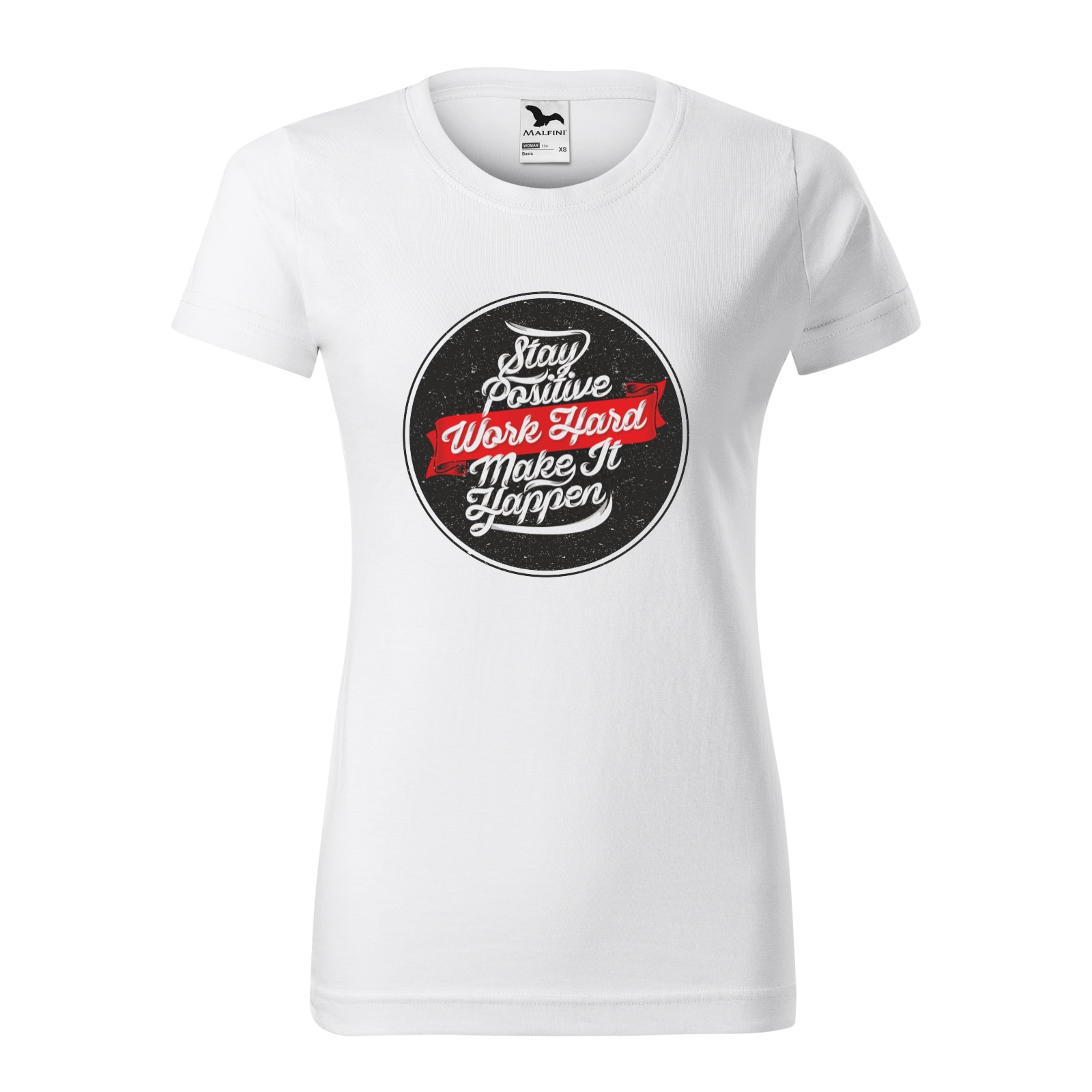 Tricou clasic, la baza gatului, alb, pentru dama, idee de cadou pentru pasionatii de fitness/sala de forta, Stay Positive Work Hard Make It Happen, marime M