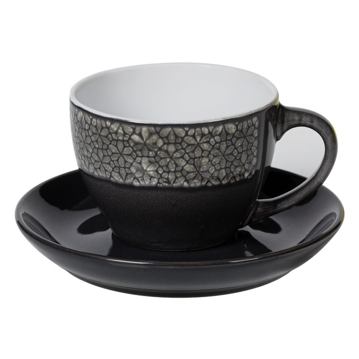 Set Ceasca cu Farfurie, model Floral, Ceramica, 210 ml, Negru/Gri